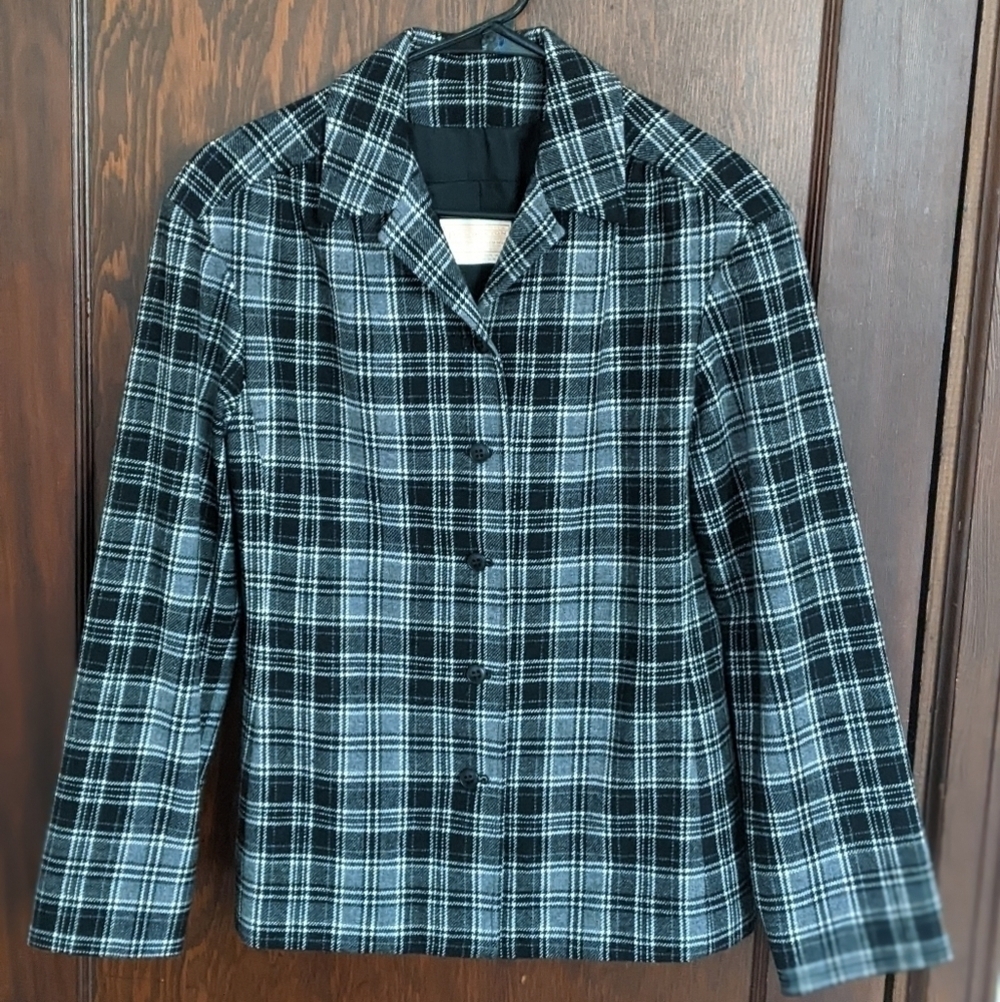 Pendleton Black & Gray Plaid Virgin Wool Long Sleeve Professional Jacket Size 10